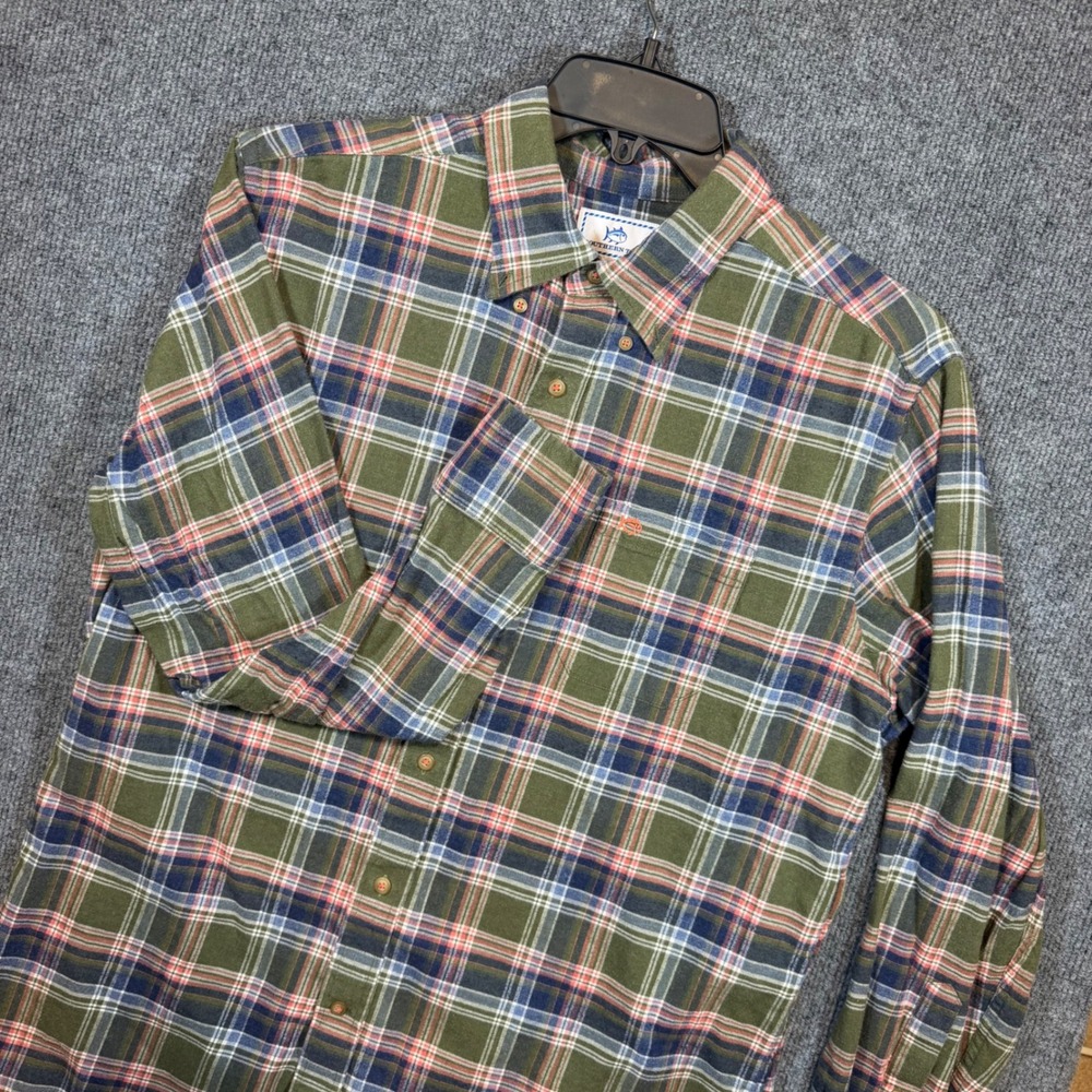Southern Tide Mens Large Classic Fit Plaid Flannel Shirt Olive Green Cotton L